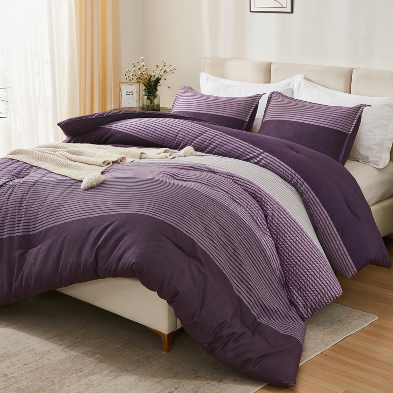 Comforter Set Colorblock Plum and White Striped Bedding
