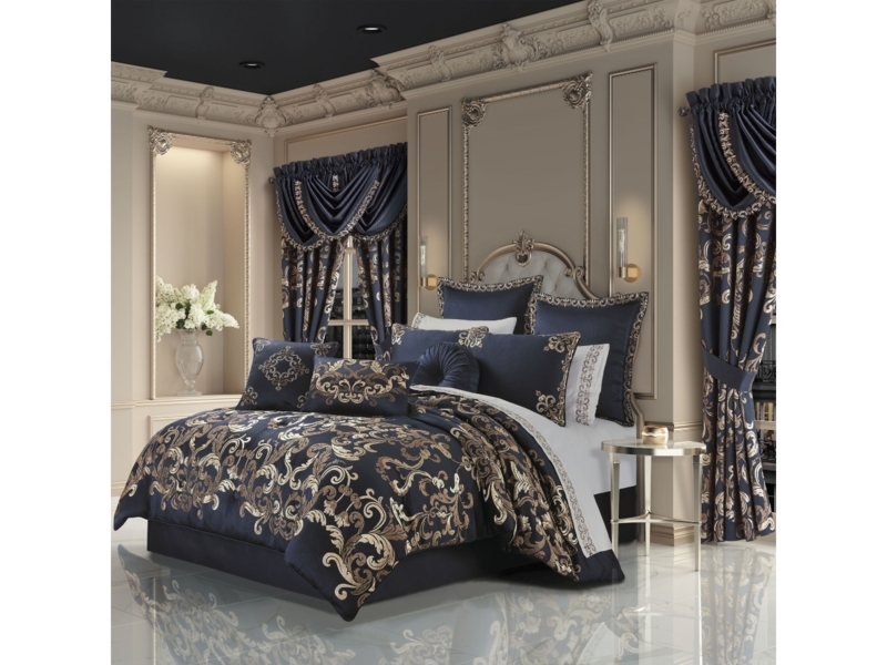 Comforter Set Coordinated Window Treatments Blue Gold Damask