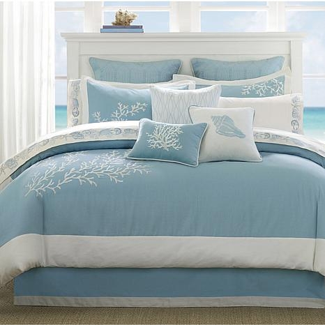 Comforter Set Coral Starfish Pattern with Embroidered Coral Pillow Accents