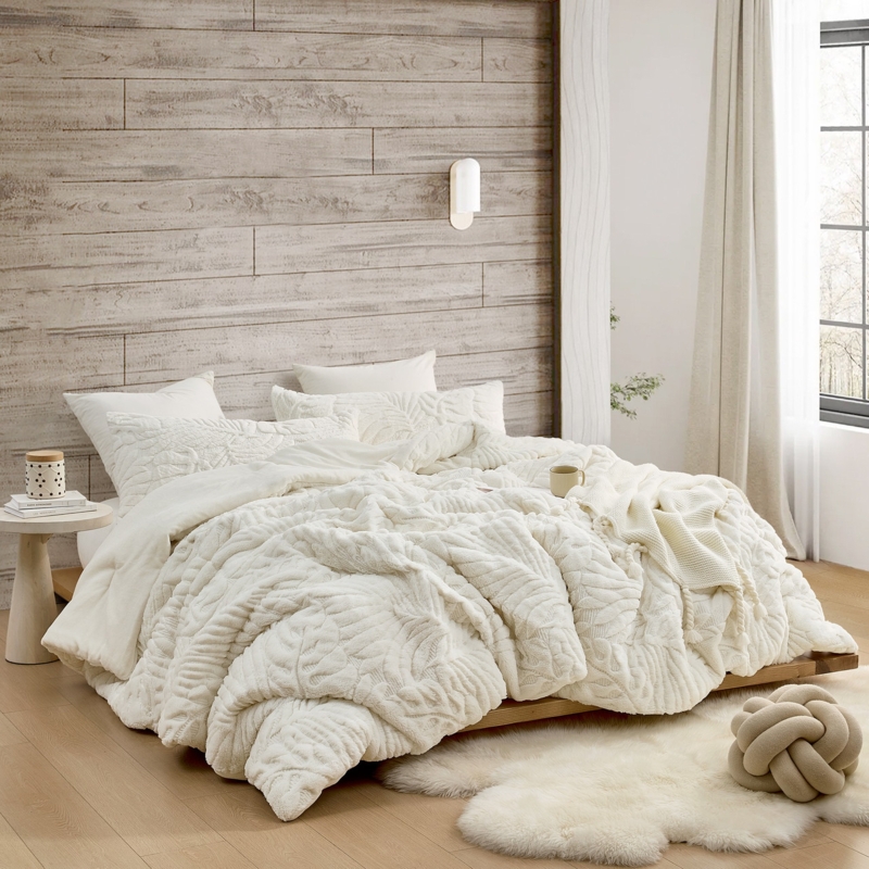 Comforter Set Cream Carved Leaf Motif Extreme Plush Pile Glam