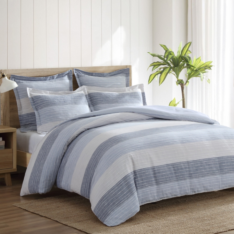 Comforter Set Cream Fringed Details Horizontal Stripes Coastal Bedding