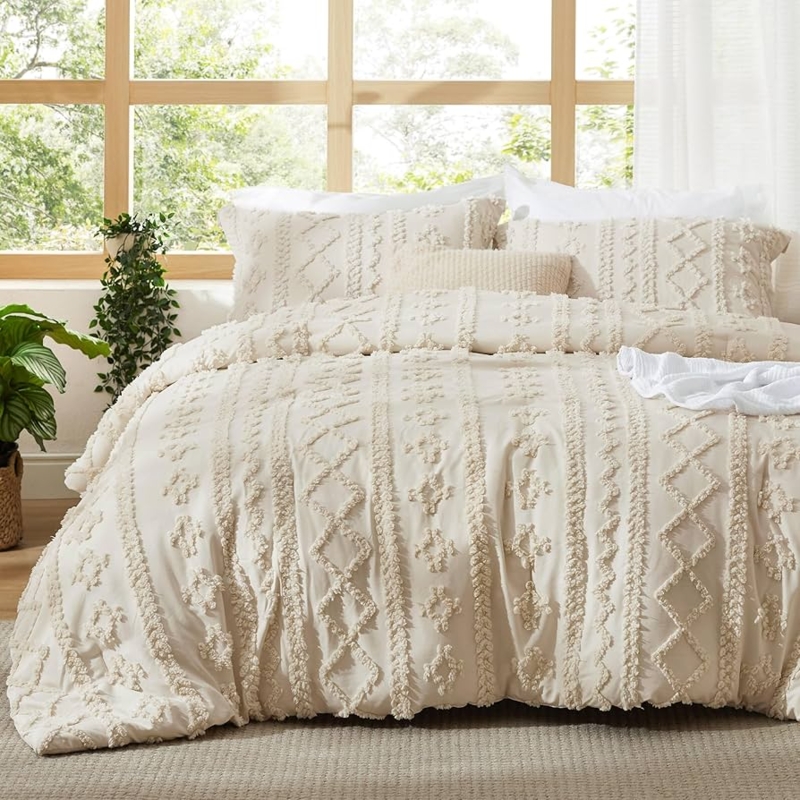 Comforter Set Cream Tassel Trim Tufted Diamond Embroidery Farmhouse