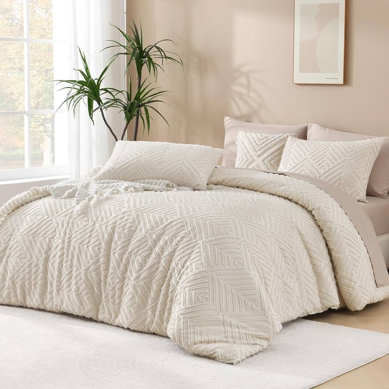 Comforter Set Cream Tufted Leaf, Boho Chic Bedding