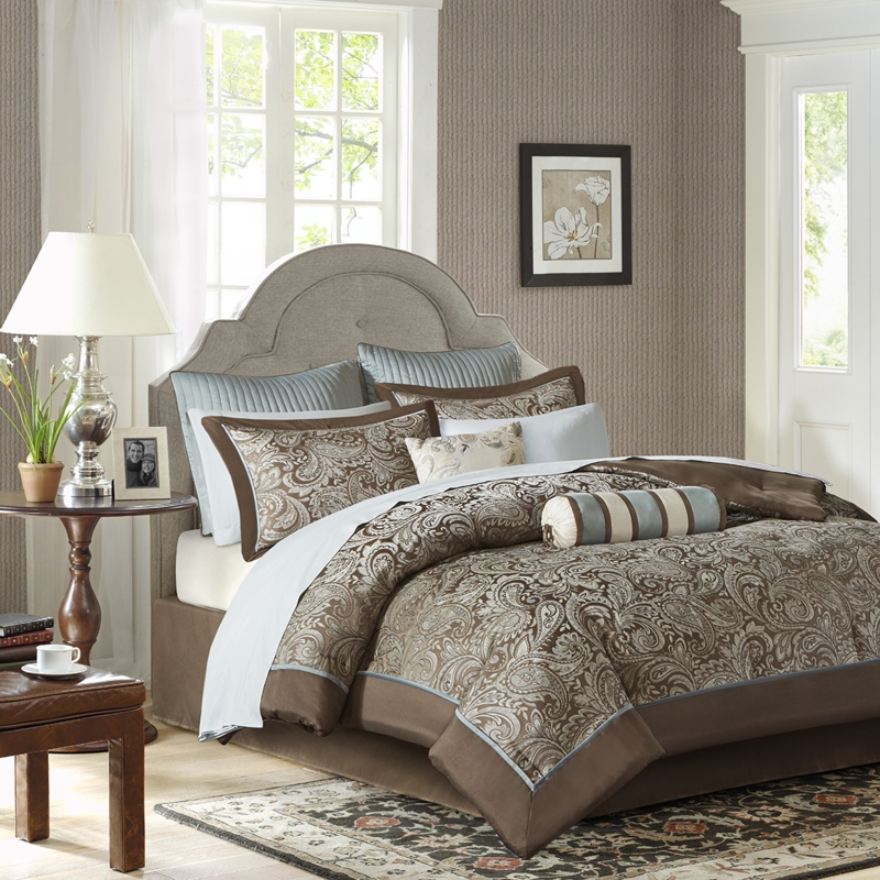 Comforter Set Damask Jacquard Blue Brown, 12 Piece