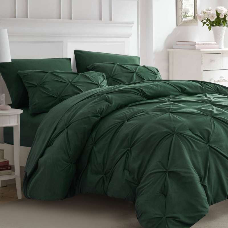 Comforter Set Dark Emerald Green Pinch Pleat Moody Bedroom