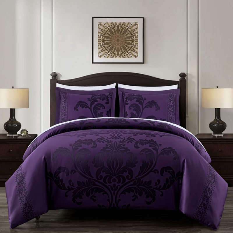 Comforter Set Dark Purple Floral Jacquard Weave Bedding