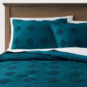 Comforter Set Dark Teal Tufted Diamond Crinkle Texture Transitional