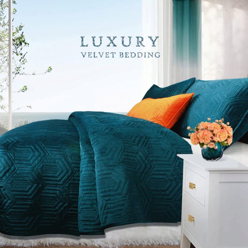 Comforter Set Dark Teal Velvet Hexagon Geometric Quilting Glam