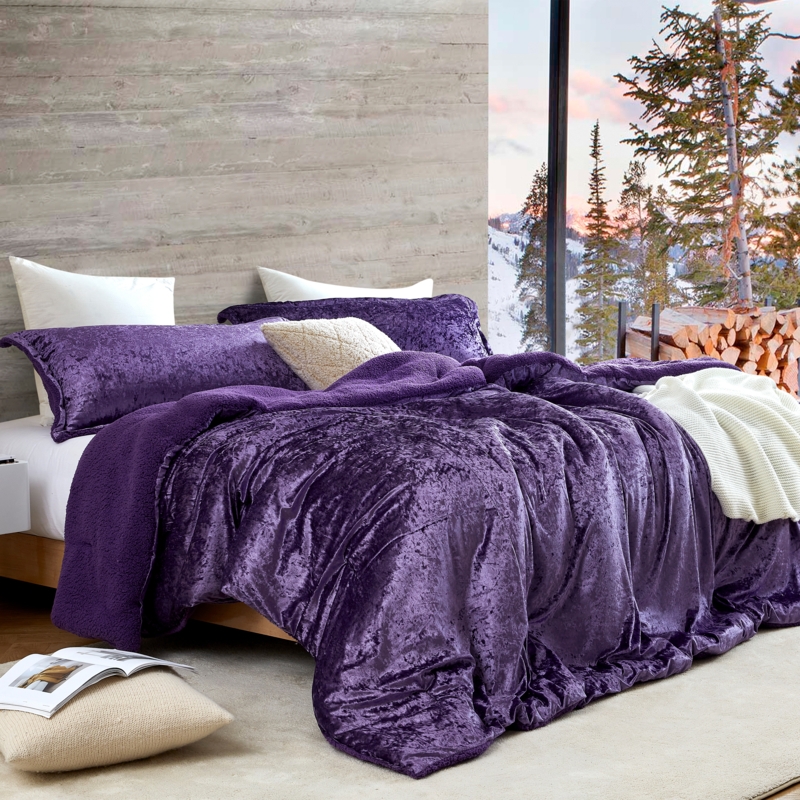 Comforter Set Deep Purple Crushed Velvet with Sherpa Accents