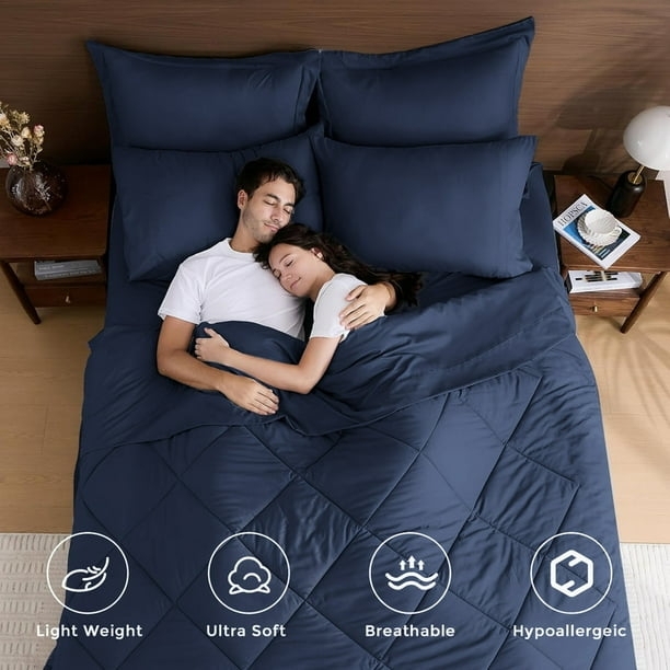 Comforter Set Diamond Stitching Farmhouse Style Navy Finish