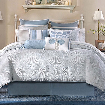 Comforter Set Embroidery with Flanged Edges White and Aqua Palette