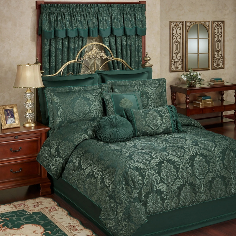 Comforter Set Emerald Green Damask Pattern Traditional Luxury