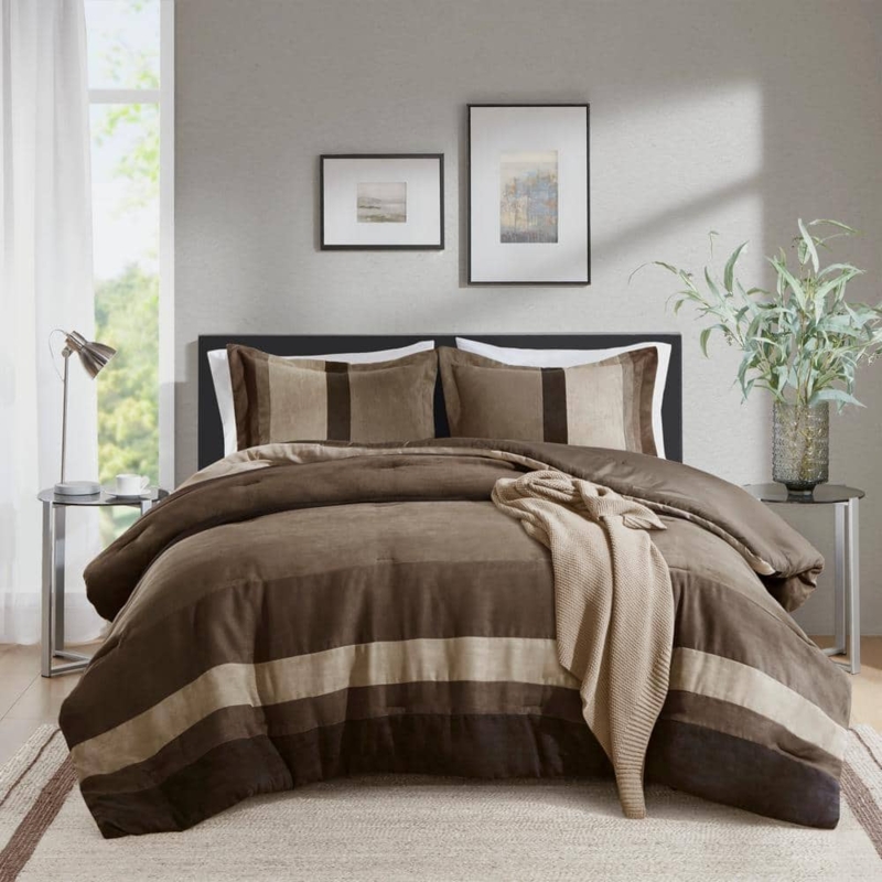 Comforter Set Faux Suede Horizontal Stripes Lodge Style Bedding