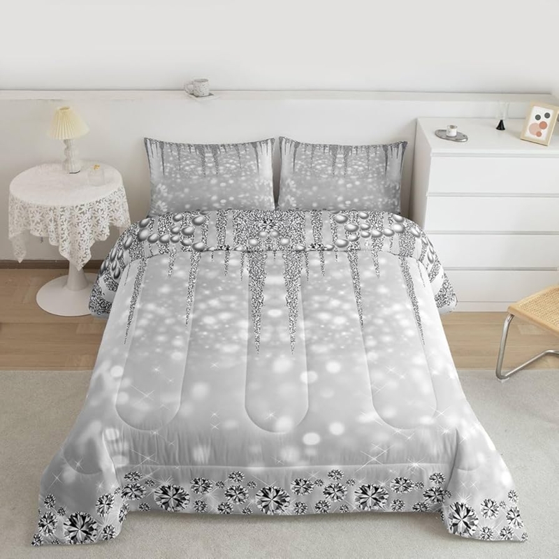 Comforter Set featuring 3D Jewelry Graphics: Glam Grey Sparkling Bedding Set
