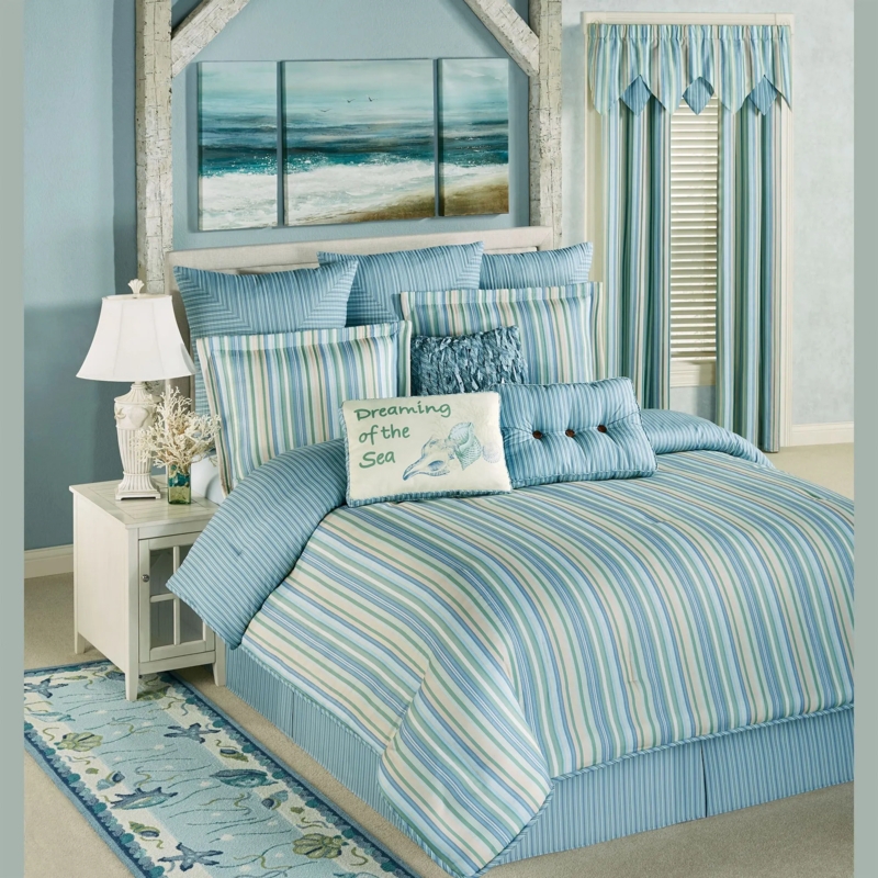 Comforter Set featuring Multi Tone Blue Horizontal Stripes.