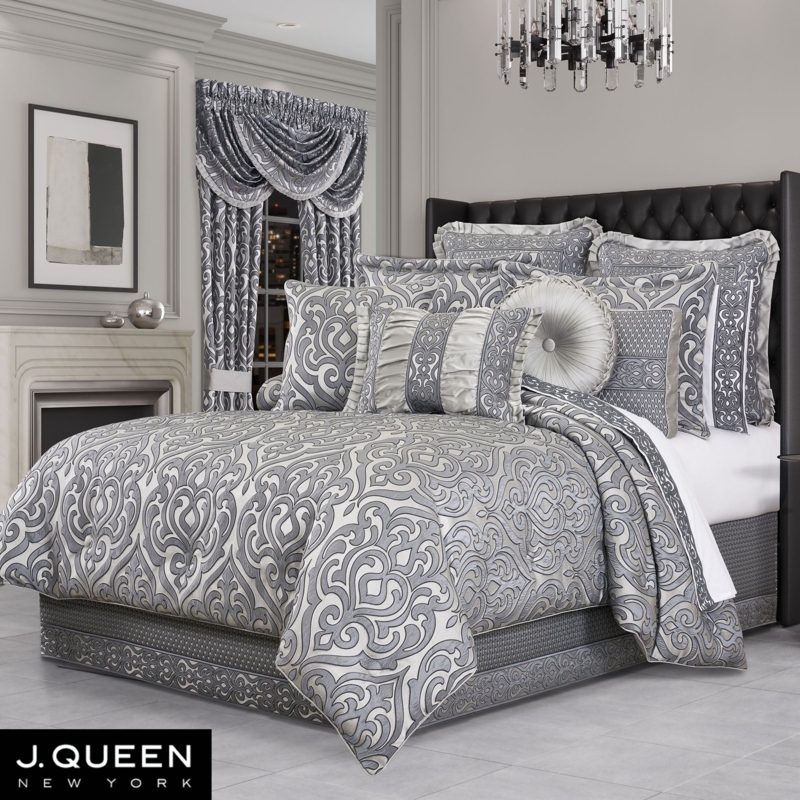 Comforter Set featuring Oversized Pewter Damask Weave & Metallic Sheen for Grand Master Suite