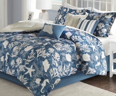 Comforter Set featuring Sea Shell Motifs & Embroidered Pillows.