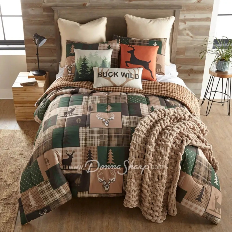 Comforter Set Forest Pine Pattern Quilted Lodge Style Bedding