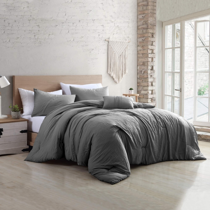Comforter Set Garment Washed Charcoal Grey Box Stitch
