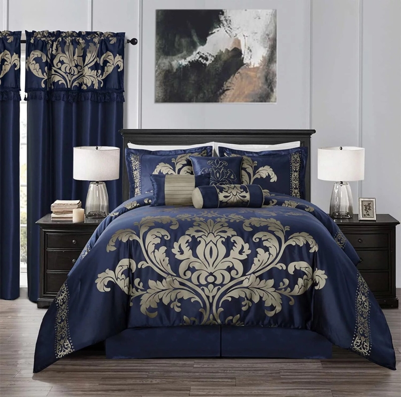 Comforter Set Gold Damask Pattern Satin Texture Traditional Regency