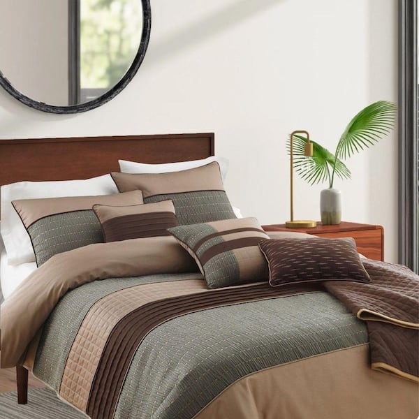 Comforter Set Gray And Brown Color Blocked Design Contemporary Bedding
