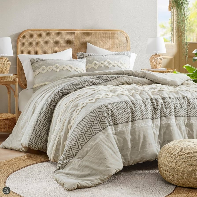 Comforter Set Gray Clipped Jacquard Shaggy Stripes Boho Textured Bedding