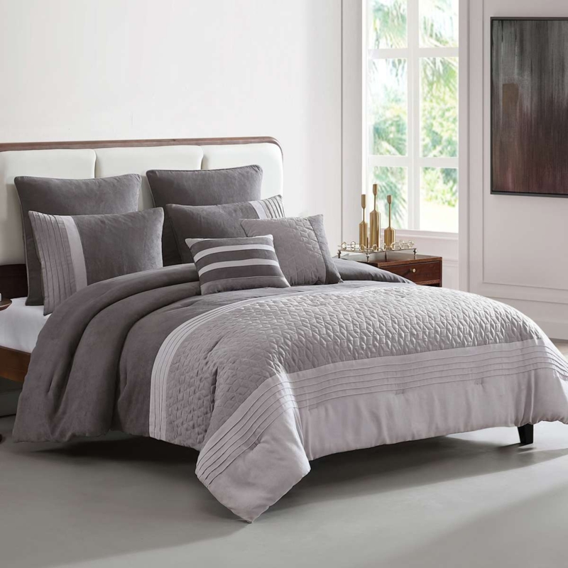 Comforter Set Gray Geometric Quilting 7 Piece Transitional Decor
