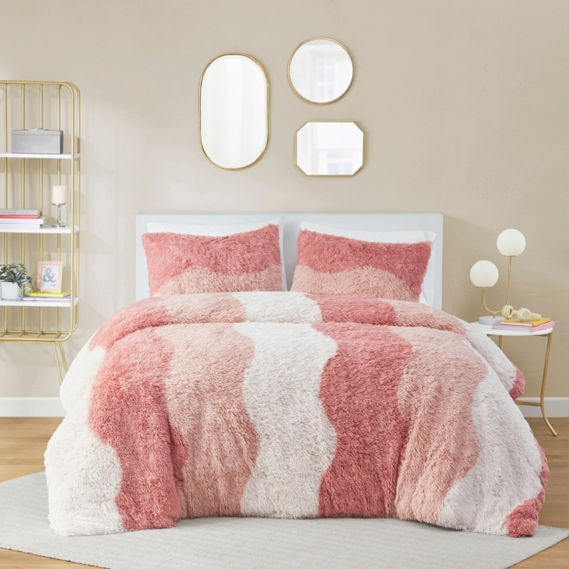 Comforter Set Gray Ombre Gradient Shaggy Faux Fur Contemporary