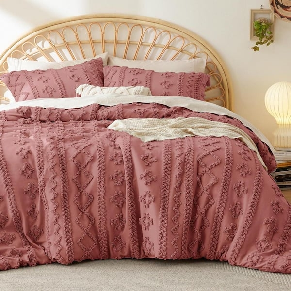 Comforter Set Grayish Pink Circular Tufting Fringed Sham Borders Boho