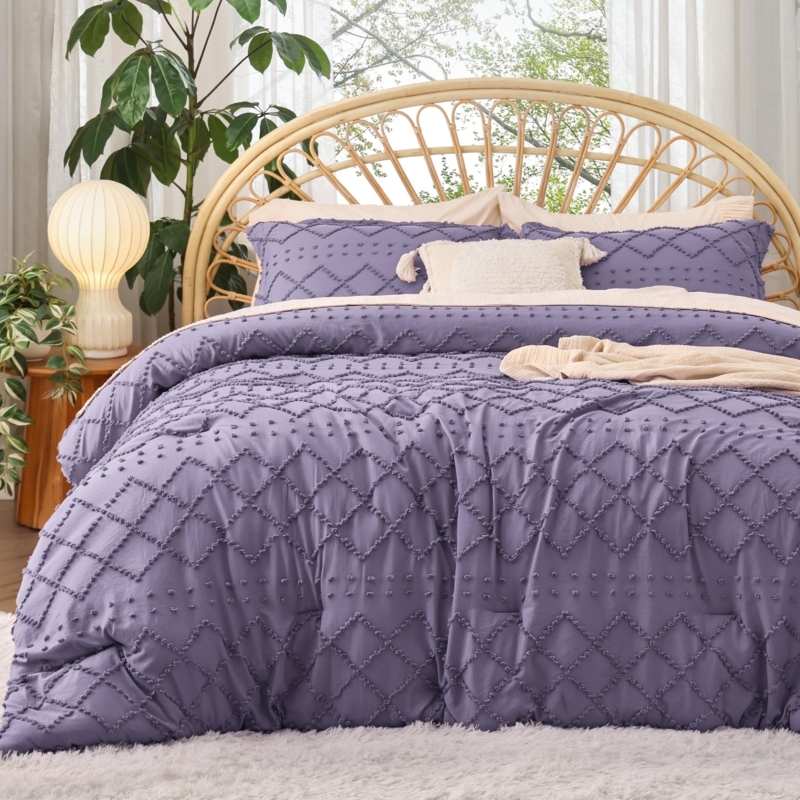Comforter Set Grayish Purple Tufted Boho Shabby Chic Bedding