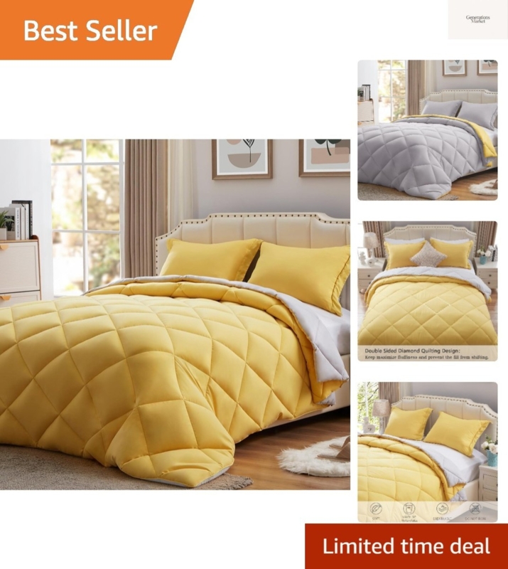 Comforter Set: Grey and Yellow Floral Print, Reversible, Transitional