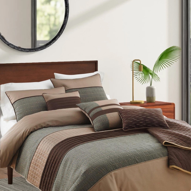 Comforter Set Grey Brown Horizontal Pleats Color Block