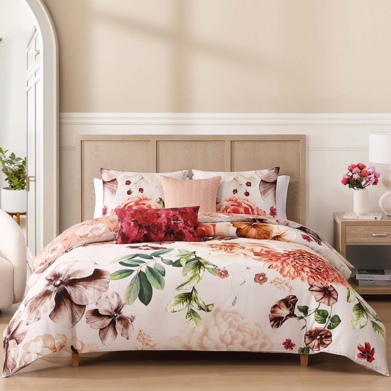 Comforter Set Grey Hazy Blossom Print Neutral Monochromatic Airy