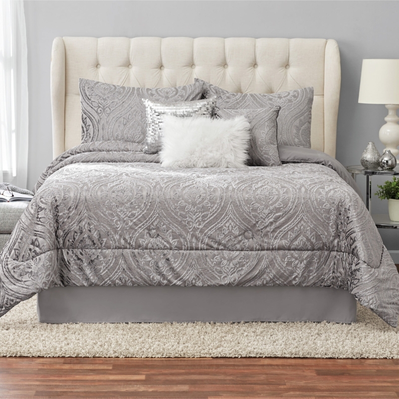 Comforter Set Grey Large Ogee Pattern Woven Texture Transitional