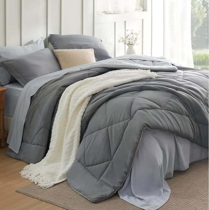 Comforter Set Grey Reversible Two Tone, Box Quilting