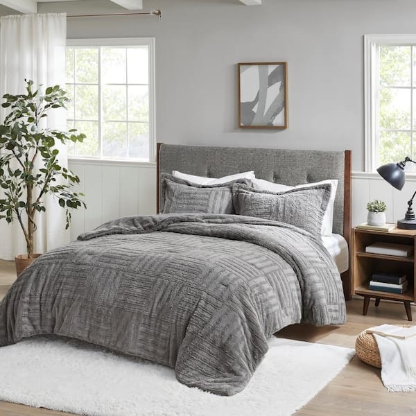 Comforter Set Grey Shaggy Faux Fur, Long Pile, Plush