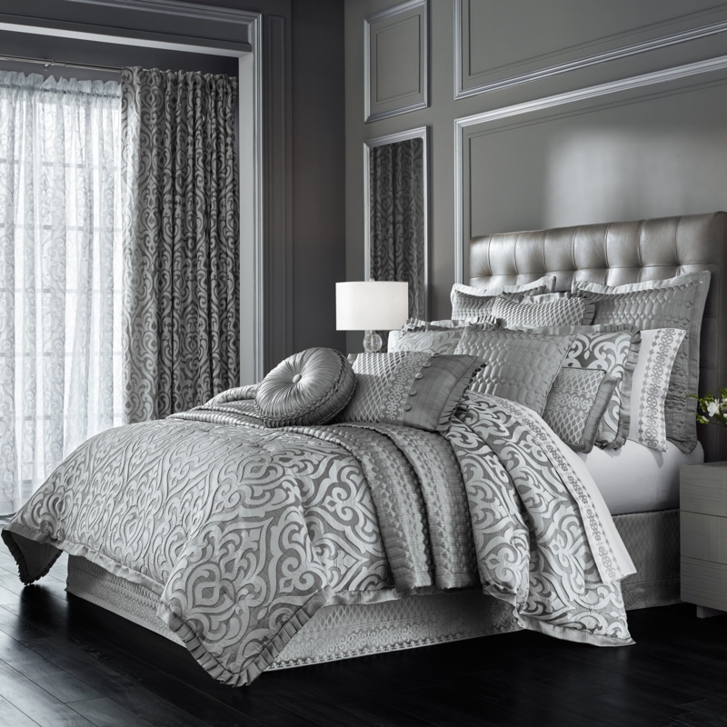 Comforter Set in Luxury Silver Damask Jacquard with Metallic Sheen & Piped Edges