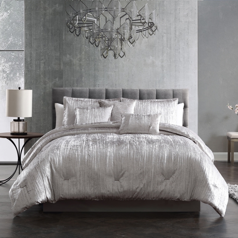 Comforter Set in Shimmering Silver Crinkle Velvet for Modern Luxe Bedroom Decor