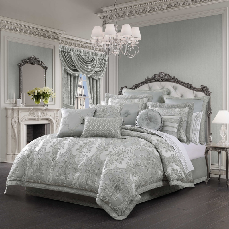 Comforter Set in Spa Blue & Cream with Oversized Damask Pattern & Fringe Trim