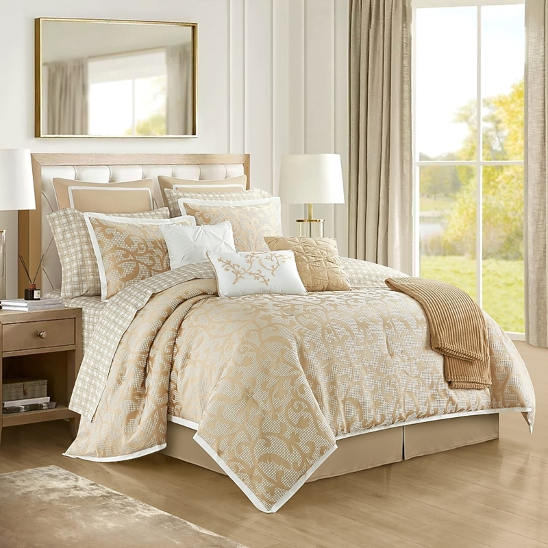 Comforter Set Intricate Embroidery Taupe Pleated Panels Elegant Bedding