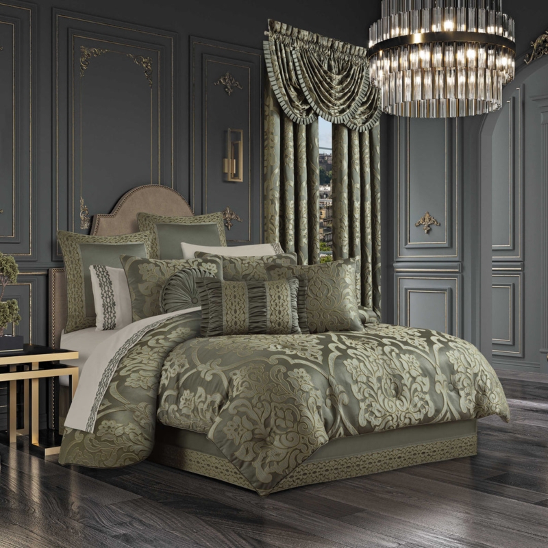 Comforter Set Jade Green Intricate Damask Weave Traditional Luxury