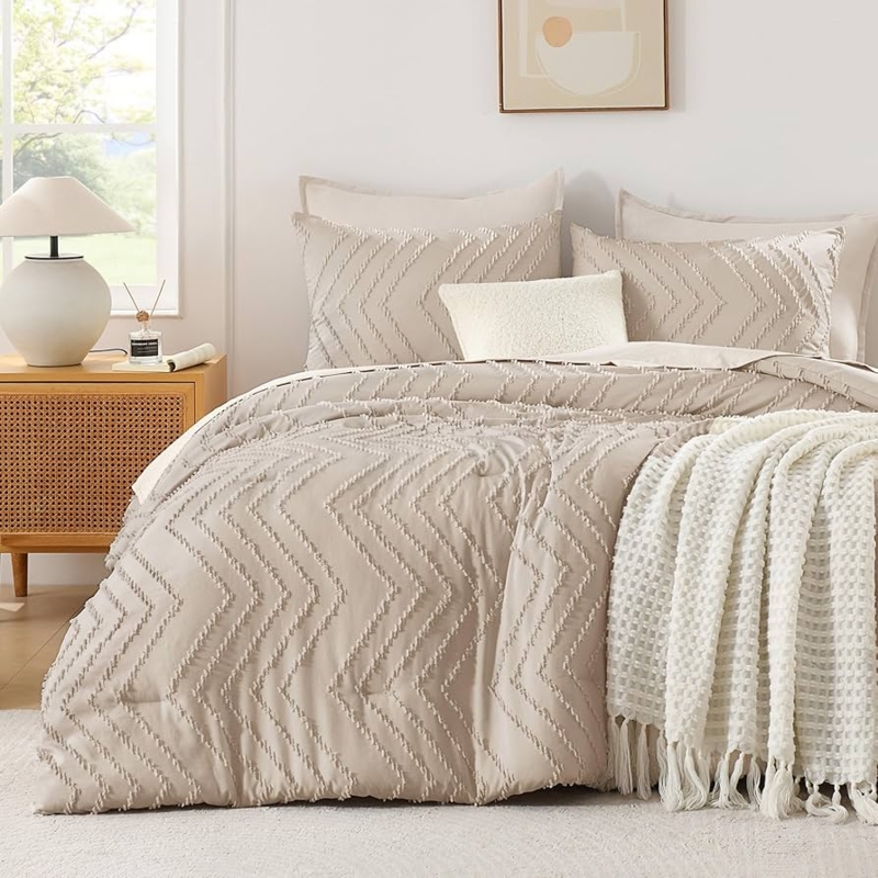 Comforter Set: Khaki Tufted Chevron Texture, Boho Chic Bedding