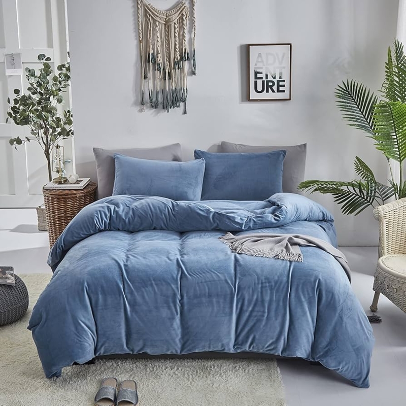 Comforter Set Lake Blue Velvet Texture Lustrous Sheen Puffy Quilt