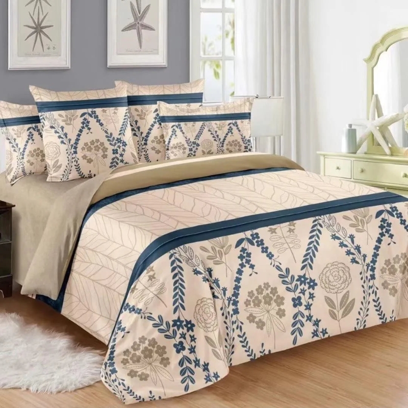 Comforter Set: Light Brown with Blue Floral Print, Traditional Botanical