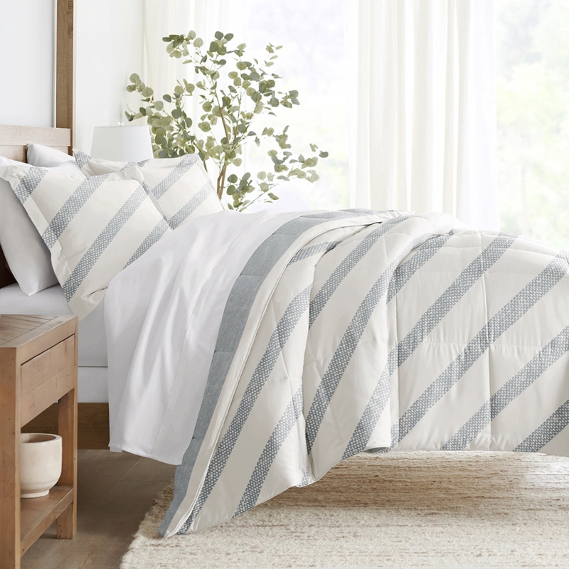 Comforter Set: Light Gray Distressed Stripe Pattern, Reversible Design