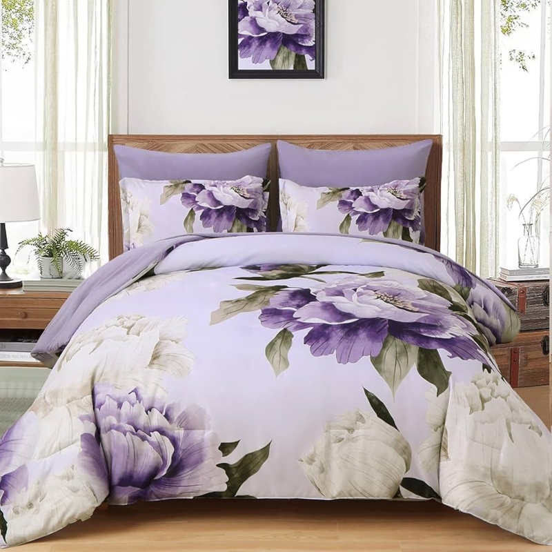 Comforter Set Light Purple Botanical Floral Shabby Chic Bedding