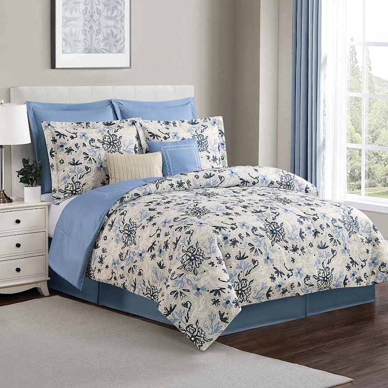Comforter Set Linen Like Texture Botanical Print Coastal Style White