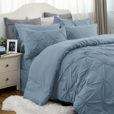 Comforter Set Mineral Blue Pinch Pleat Geometric Detail Serene