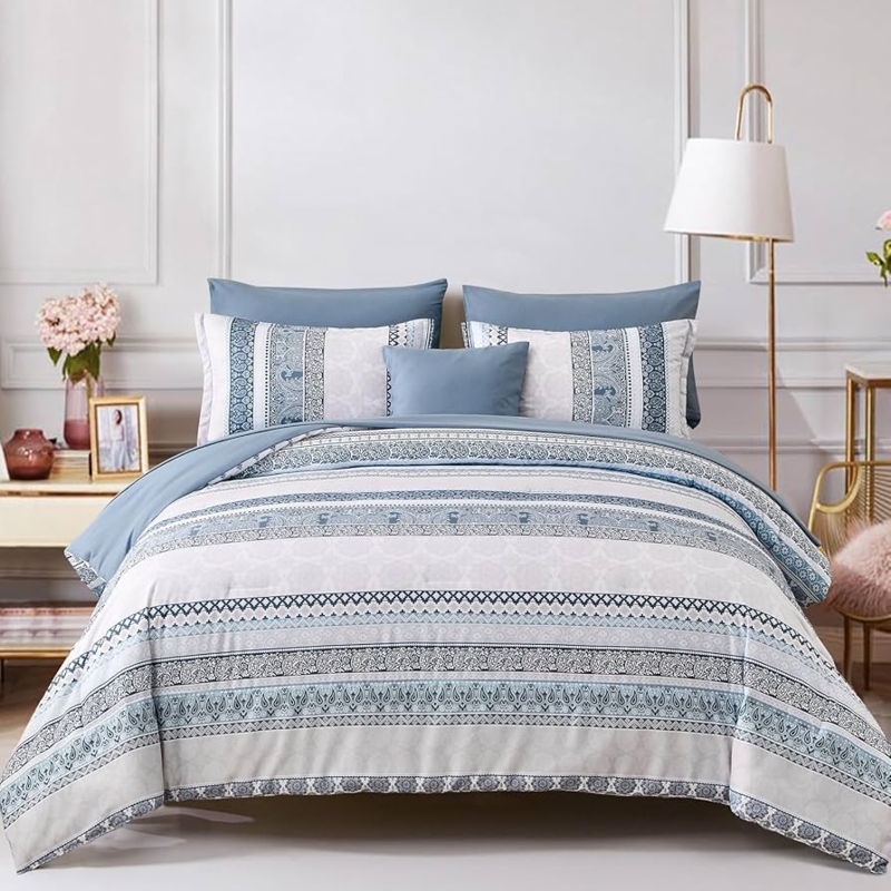 Comforter Set Mixed Pattern Design Paisley Stripe Boho Style Light Blue