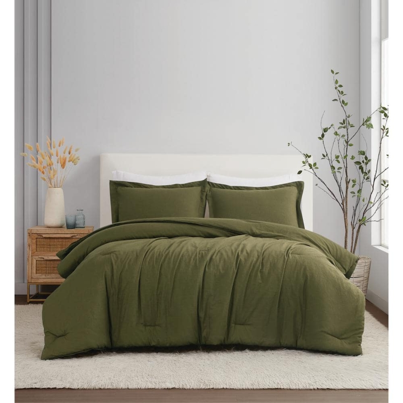 Comforter Set Moss Green Linen Texture Lofty Padding Farmhouse